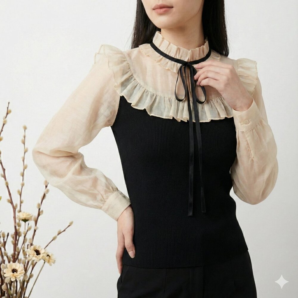Zara Contrast Knit & Organza Ruffled Blouse - Black & Cream